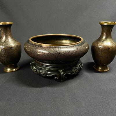 Extra Fine Cloisonne Chinese Vase with Matching Bowl