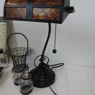 Desk Lamp, Red Candle, DÃ©cor Bottles, Metal Basket, Christian Quote and Picture