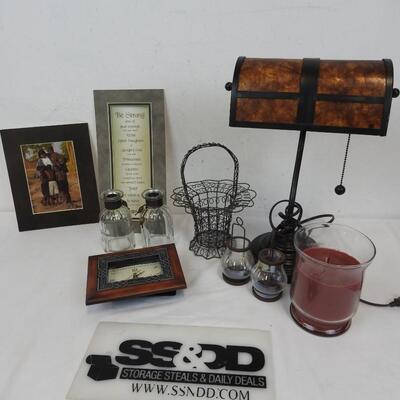 Desk Lamp, Red Candle, Décor Bottles, Metal Basket, Christian Quote and Picture