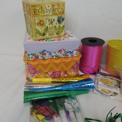 Party Supplies: Ribbon, Streamers, Balloons, Sirens, Small Boxes, Tablecloth