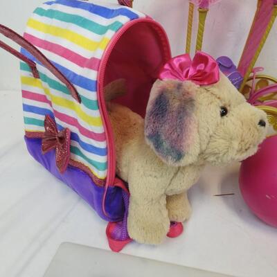 Unicorn Carriage with 5 Unicorn Bowling Pins, Stuffed Dog w/ Cute Carrying Case