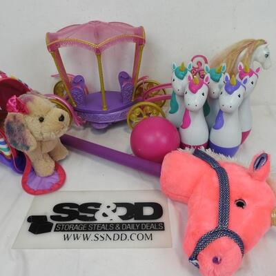 Unicorn Carriage with 5 Unicorn Bowling Pins, Stuffed Dog w/ Cute Carrying Case