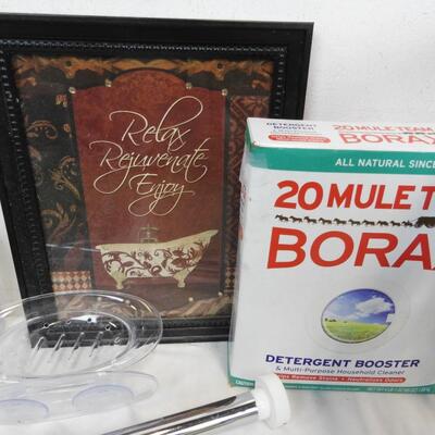 Bathroom DÃ©cor: Trash Can, Shower Curtain, Frame, Borax, Mats and Toilet Cover