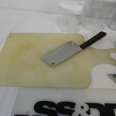 Kitchen Lot: 3 Pitchers, Cutting Board, Several Knives, Silverware, Spoons, etc