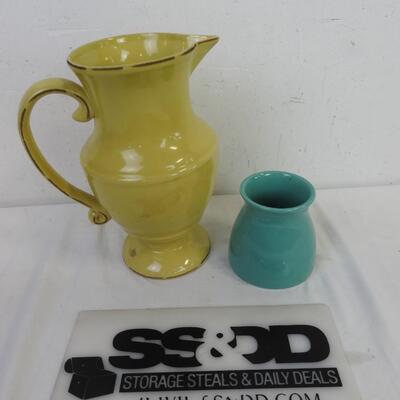 Yellow Vase Ceramic Pitcher, and Green Edible Arrangements Flower Pot