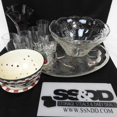 7 Glasses, 1 Grape Glass Punch Bowl, Ceramic Berry Colander, Purple Vase