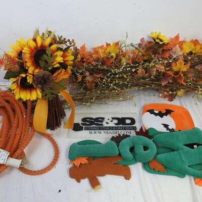 5 pc Fall Decor: Pumpkin Welcome Sign, Orange Lights, Fall Garland