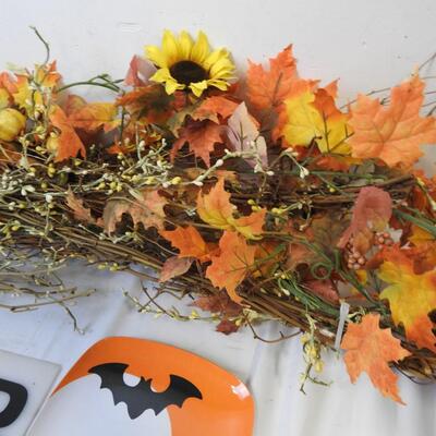 5 pc Fall Decor: Pumpkin Welcome Sign, Orange Lights, Fall Garland
