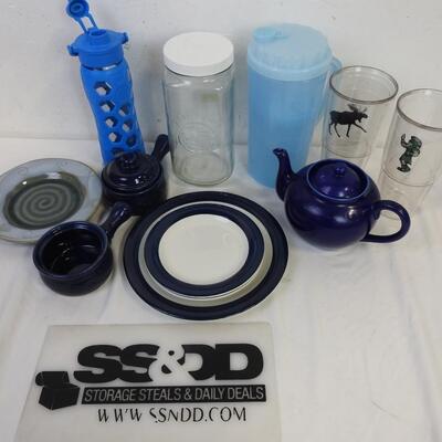 12 pc Kitchen: Blue Teapot, Canister, Blue Plates, Glass Water Bottle