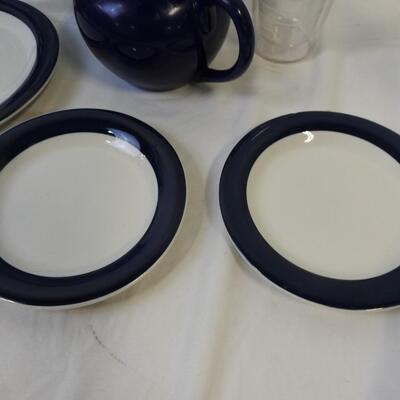 12 pc Kitchen: Blue Teapot, Canister, Blue Plates, Glass Water Bottle