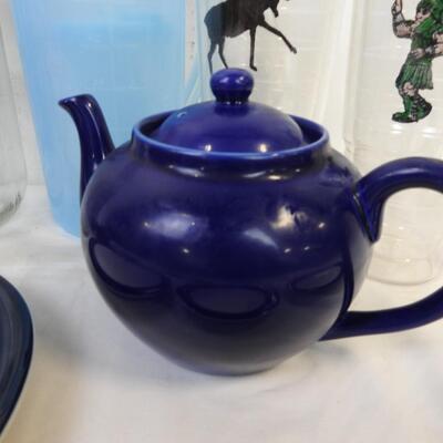 12 pc Kitchen: Blue Teapot, Canister, Blue Plates, Glass Water Bottle