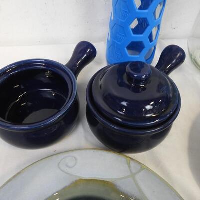 12 pc Kitchen: Blue Teapot, Canister, Blue Plates, Glass Water Bottle