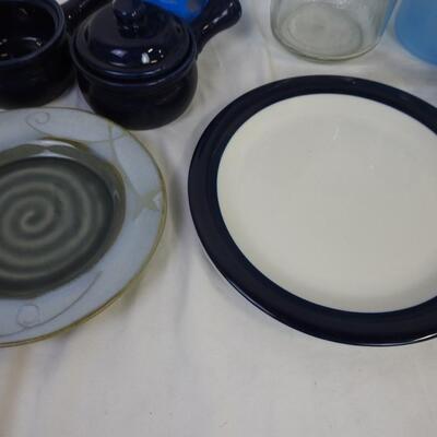12 pc Kitchen: Blue Teapot, Canister, Blue Plates, Glass Water Bottle