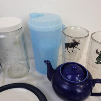 12 pc Kitchen: Blue Teapot, Canister, Blue Plates, Glass Water Bottle