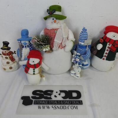7 pc Snowman Decor: Ceramic Statues, Stuffed Statues