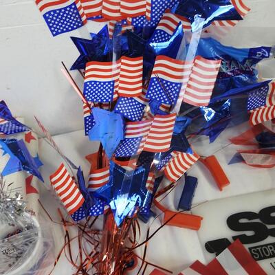 Lot of Patriotic Decor: American Flag, Teddy Bears, Confetti
