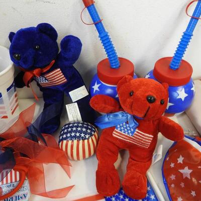 Lot of Patriotic Decor: American Flag, Teddy Bears, Confetti