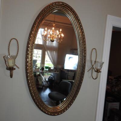 Beautiful Gold Framed Oval Mirror and Wall Sconces