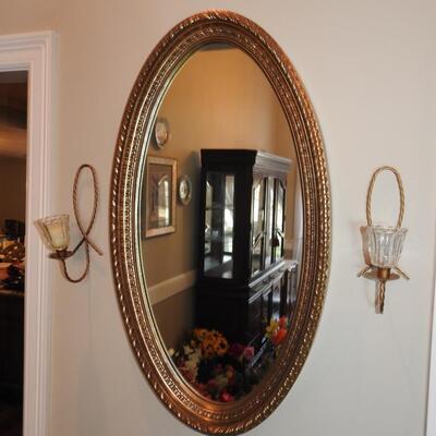 Beautiful Gold Framed Oval Mirror and Wall Sconces