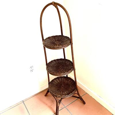 Lot 30 Lot 3 Wicker Pieces Stool 3 Tier Plant Stand Umbrella Stand