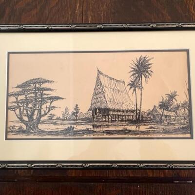 Lot 47 Polynesian Picture Framed Pen & Ink Signed Logan Cookson 1965 Tiki