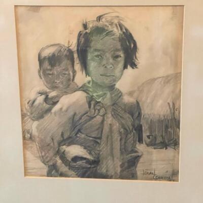 Lot 48 Pencil Drawing Mother & Child Framed Under Glass Signed Logan Cookson