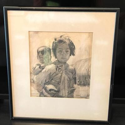 Lot 48 Pencil Drawing Mother & Child Framed Under Glass Signed Logan Cookson