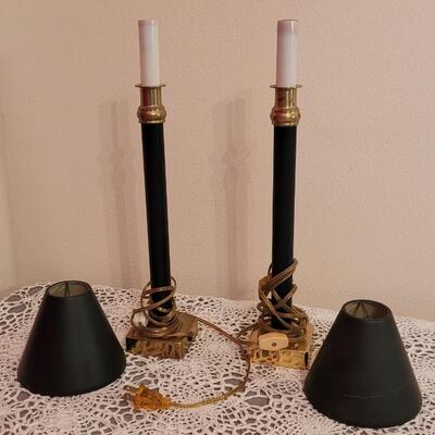 Lot 3: Pair of Vintage Black Metal Lamps with Metal Lampshades
