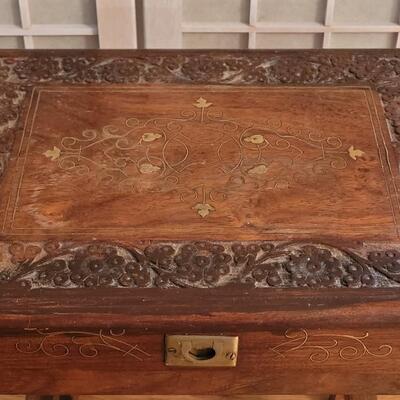 Lot 8: Antique Handcarved Brass Inlayed Small Table with a Drawer