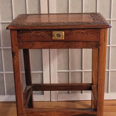 Lot 8: Antique Handcarved Brass Inlayed Small Table with a Drawer