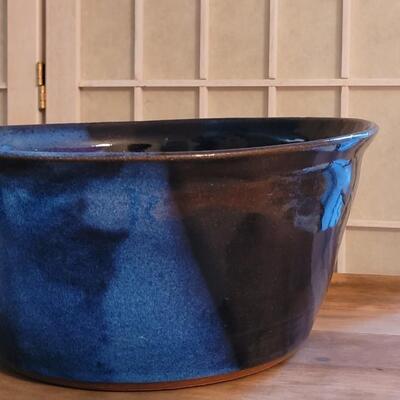 Lot 10: Large Blue & Black Mixed Glaze Pottery Bowl - Signed & Dated on the Bottom