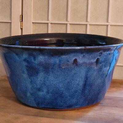 Lot 10: Large Blue & Black Mixed Glaze Pottery Bowl - Signed & Dated on the Bottom