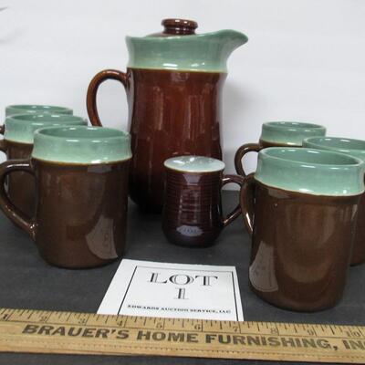 Vintage Red Wing Oomph Chocolate Set, Pitcher, Mugs, and Spice Shaker, Read Description