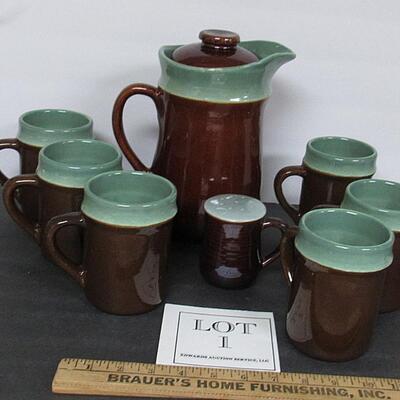 Vintage Red Wing Oomph Chocolate Set, Pitcher, Mugs, and Spice Shaker, Read Description