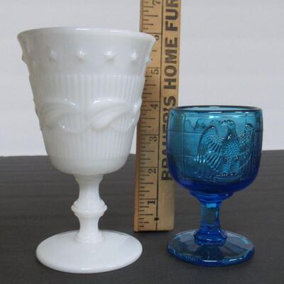 Vintage Stems: Imperial Glass Blue Eagle Wine, Fostoria Wistar Milk Glass Goblet