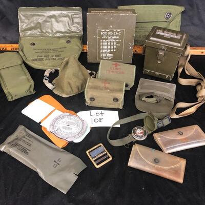 Mixed Lot of Military Items- Compass Sewing Calculator Goggles et 