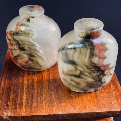 Pair of Lovely Antique Cast Glass Painted Snuff Bottles