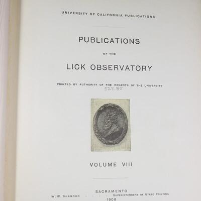 Antique Collectible Rare Astronomy Hardcover Book Publications of the Lick Observatory Vol. VIII - 1908 & United States Japan...