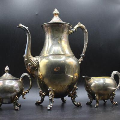 Antique Vintage Sheridan Silver Plate Three Piece Tea Set Pot Creamer Sugar Bowl