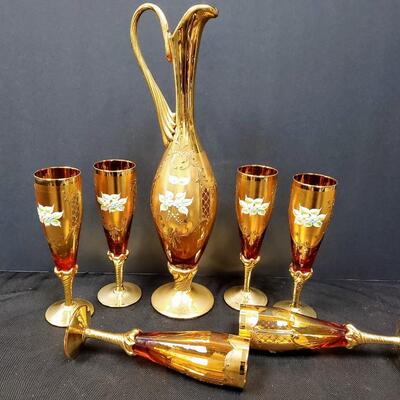 Czech Bohemian Heavy Gilded Stemware and Decanter
