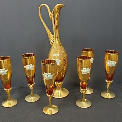 Czech Bohemian Heavy Gilded Stemware and Decanter