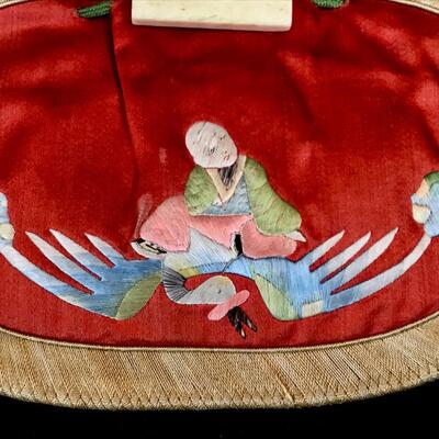 Fine Antique Red Silk Kimono Purse with Bone Toggle