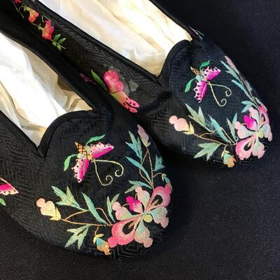 Vintage Pair of Black Silk Slippers Embroidered Butterflies