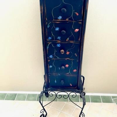 Lot 75 Jewelry Cabinet 5 Drawer Painted Flowers Iron Base