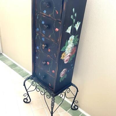 Lot 75 Jewelry Cabinet 5 Drawer Painted Flowers Iron Base