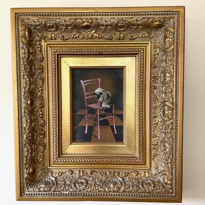 Lot 77 Framed Painting Siamese Cat on Chair Signed Brodrick '88