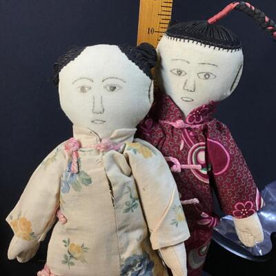 Pair of Antique Boy & Girl Chinese Cloth Dolls Hand Made Folky