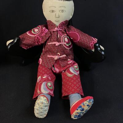 Pair of Antique Boy & Girl Chinese Cloth Dolls Hand Made Folky
