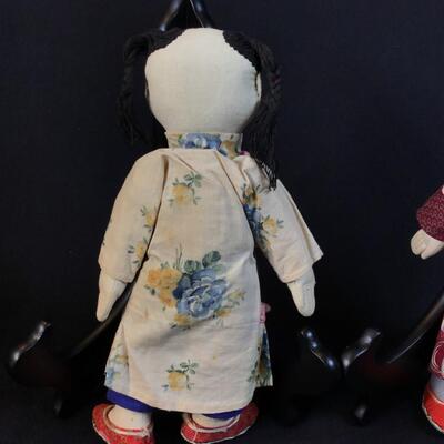 Pair of Antique Boy & Girl Chinese Cloth Dolls Hand Made Folky