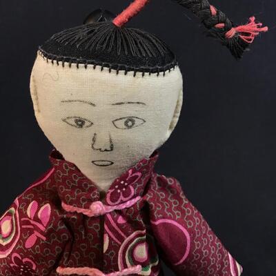 Pair of Antique Boy & Girl Chinese Cloth Dolls Hand Made Folky